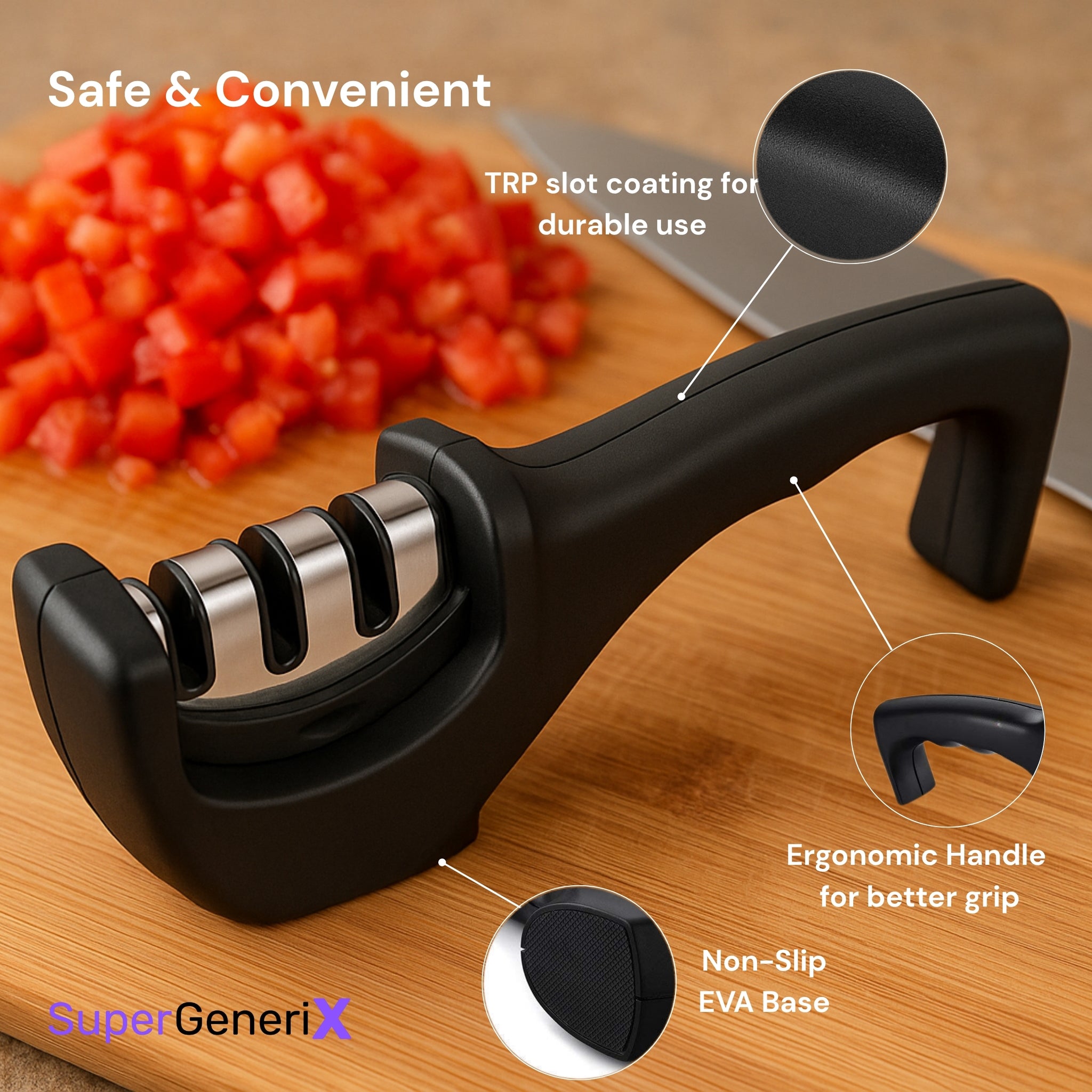 SuperGeneriX 3-Stage Manual Knife Sharpener for Kitchen – Coarse, Diamond & Ceramic Slots | Non-Slip Base, Safe Grip Han