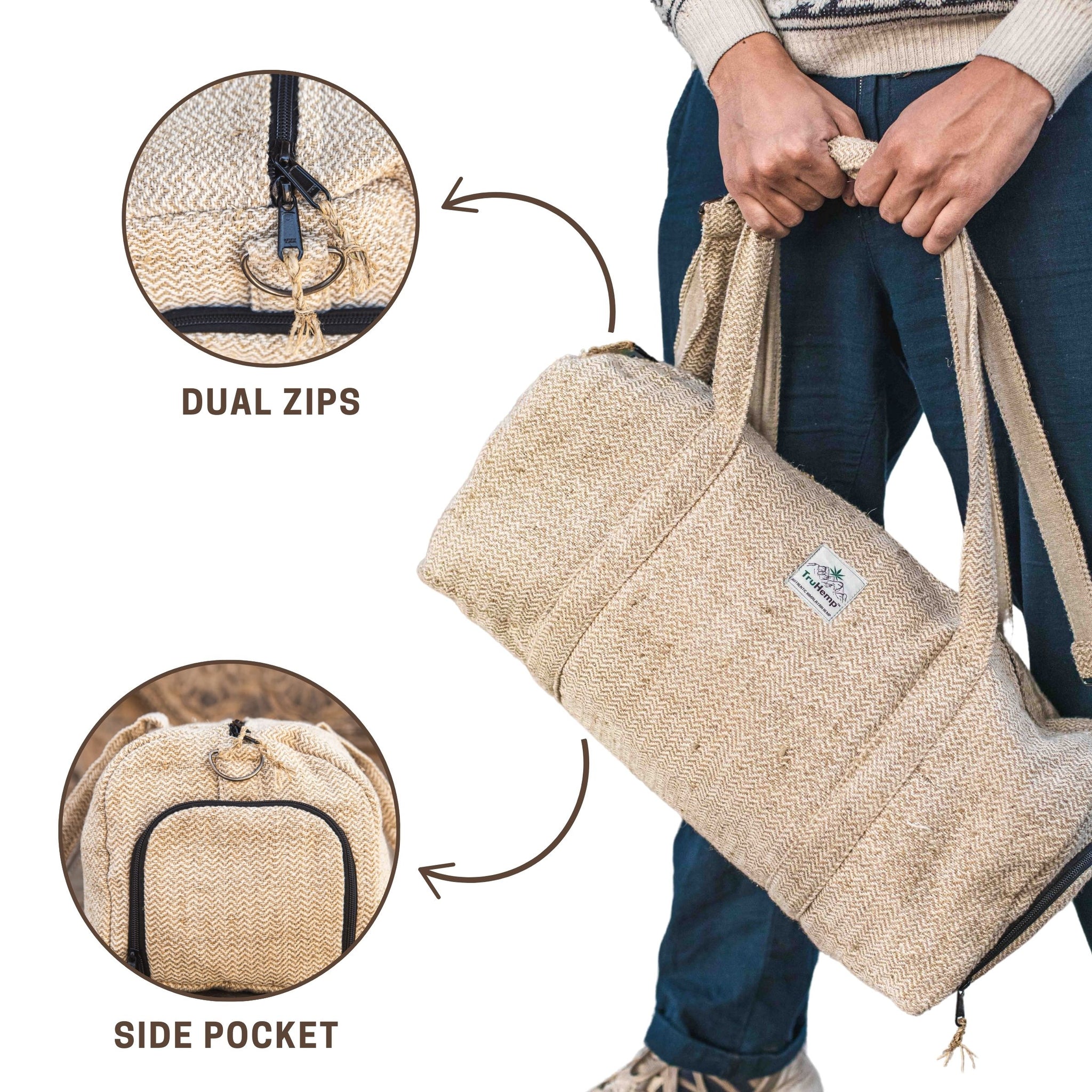 TruHemp Hemp Duffle Bag– Natural Travel Gym Bag with Shoe Compartment, Durable 30L Capacity with Dual YKK Zippered Sections