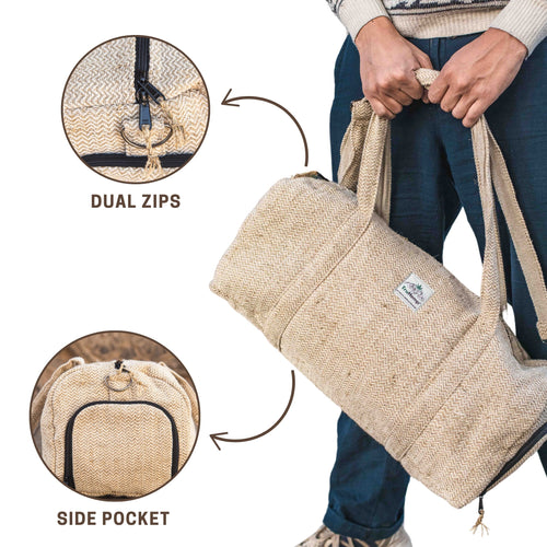 TruHemp Hemp Duffle Bag– Natural Travel Gym Bag with Shoe Compartment, Durable 30L Capacity with Dual YKK Zippered Sections