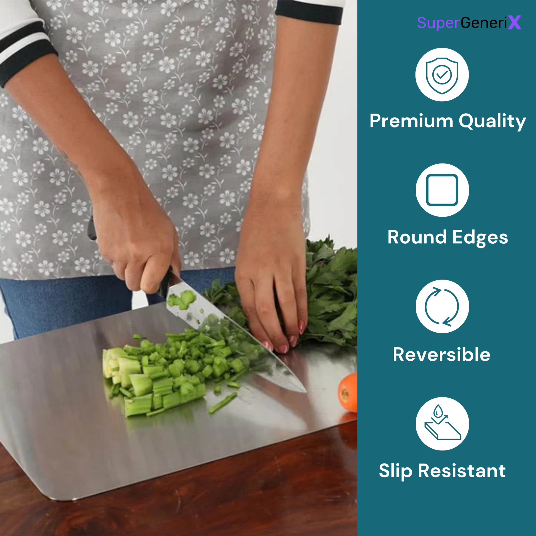 SuperGeneriX Premium 36x30 cms Stainless Steel Chopping Board with L-Shape Lip | Heavy Duty Countertop Cutting Board for