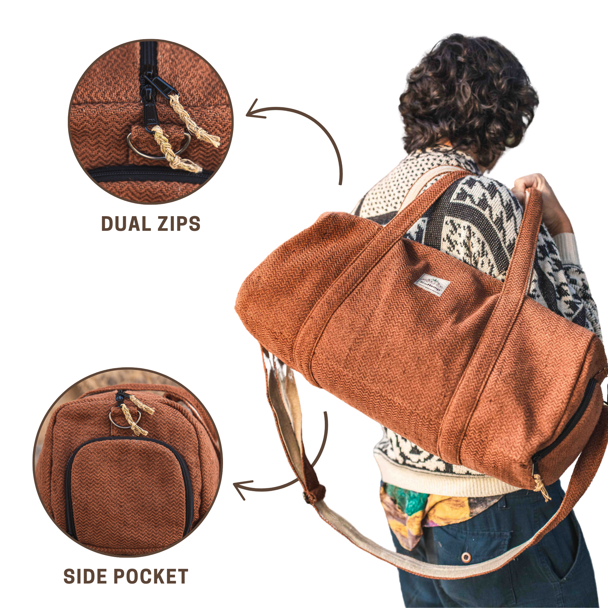 TruHemp Hemp Duffle Bag– Natural Travel Gym Bag with Shoe Compartment, Durable 30L Capacity with Dual YKK Zippered Sections