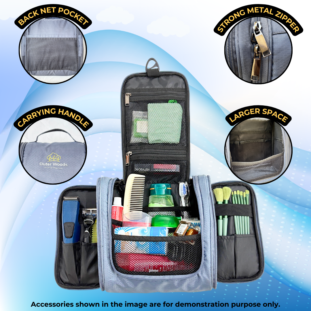 Outer Woods Travel Toiletry Bag with Hanging Hook, Waterproof Travel Pouch with Multiple Compartments for Cosmetics and Toiletries