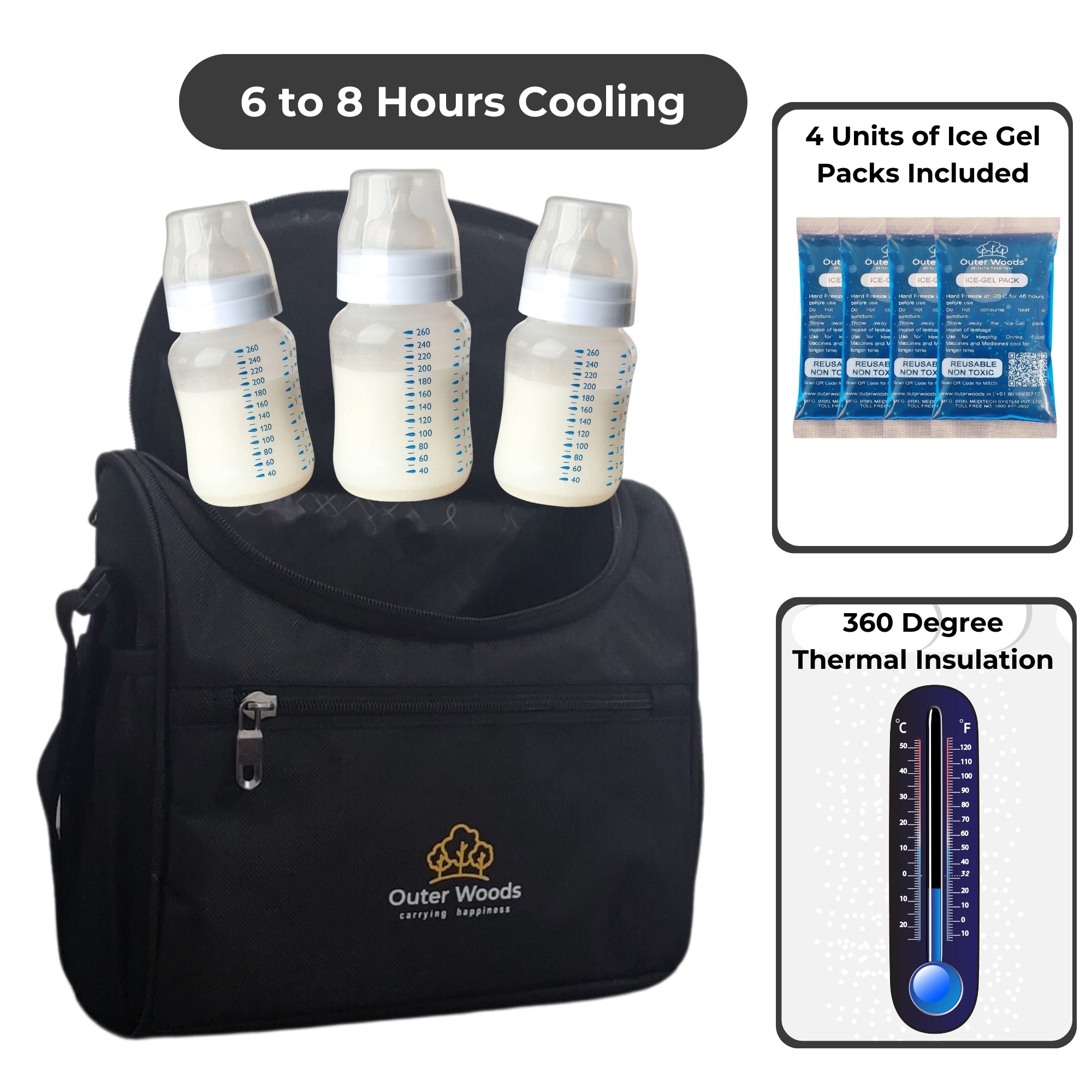 Outer Woods Insulated Breast Milk Cooler Bag with 4 Ice Gel Packs, Keeps Milk and Food Cool for 6 to 8 Hours, Thermal Insulated Baby Travel Bag