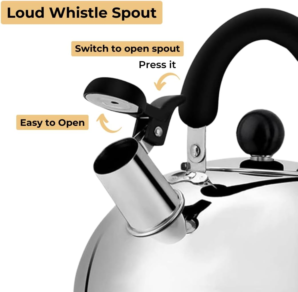 Stainless Steel Whistling Tea Kettle for Camping & Indoor Use | Fast Boiling Water Kettle with Heat-Resistant Ergonomic Handle | Stainless Steel Coffee Kettele | 2.1 Quart - Silver