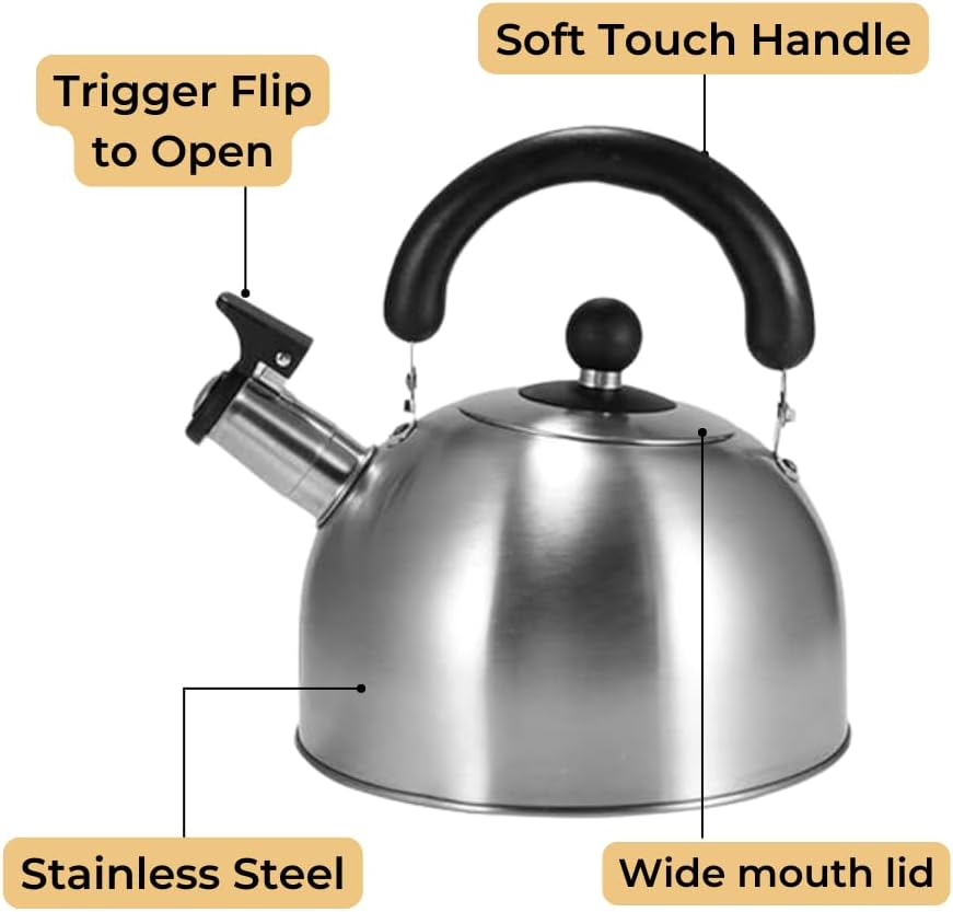Stainless Steel Whistling Tea Kettle for Camping & Indoor Use | Fast Boiling Water Kettle with Heat-Resistant Ergonomic Handle | Stainless Steel Coffee Kettele | 2.1 Quart - Silver