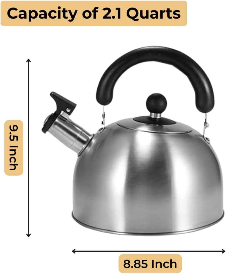 Stainless Steel Whistling Tea Kettle for Camping & Indoor Use | Fast Boiling Water Kettle with Heat-Resistant Ergonomic Handle | Stainless Steel Coffee Kettele | 2.1 Quart - Silver