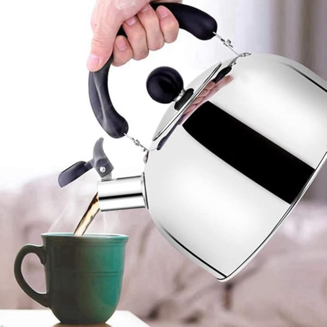 Stainless Steel Whistling Tea Kettle for Camping & Indoor Use | Fast Boiling Water Kettle with Heat-Resistant Ergonomic Handle | Stainless Steel Coffee Kettele | 2.1 Quart - Silver