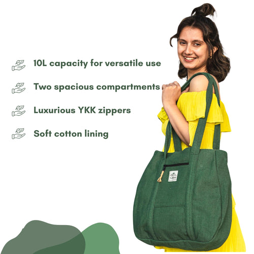 TruHemp Himalayan Hemp Tote Bag– Spacious Shopping Tote with Dual Zippered Compartments, Durable Market Bag with Cotton Lining, 10L Capacity