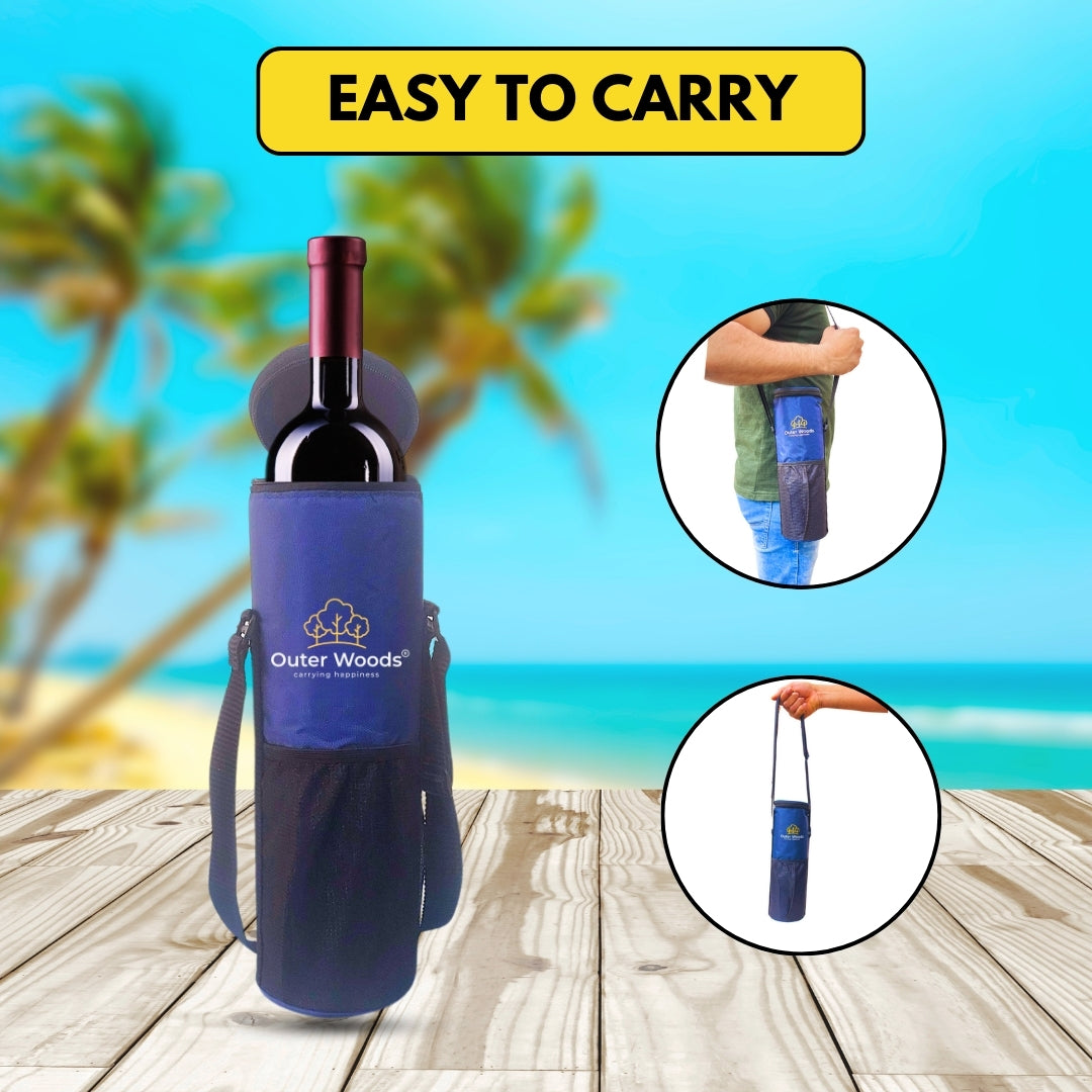 Outer Woods Insulated Cooler Bag for 1 Bottle with Adjustable Strap, Compact Wine Bottle Carrier for Travel & Outdoor, 6+ Hours Cooling, Beverage Cooler Bag