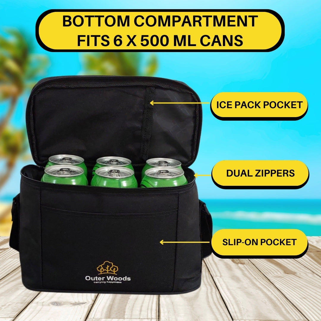 Outer Woods Insulated 6 Can Cooler Bag Dual Compartment, Fits 6 x 500ml Beer Cans & Snacks, Keeps Beer Cans Cool for up to 10 Hours, Ideal for Carrying Food, Beer, Soda, Juice and Milk