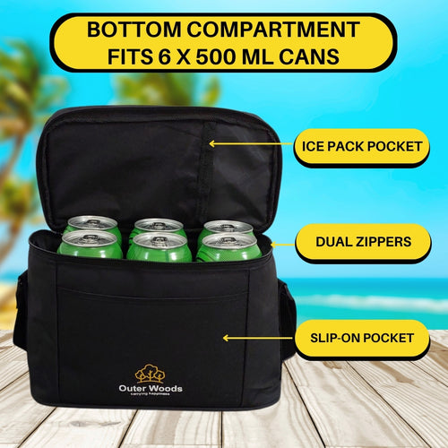 Outer Woods Insulated 6 Can Cooler Bag Dual Compartment, Fits 6 x 500ml Beer Cans & Snacks, Keeps Beer Cans Cool for up to 10 Hours, Ideal for Carrying Food, Beer, Soda, Juice and Milk