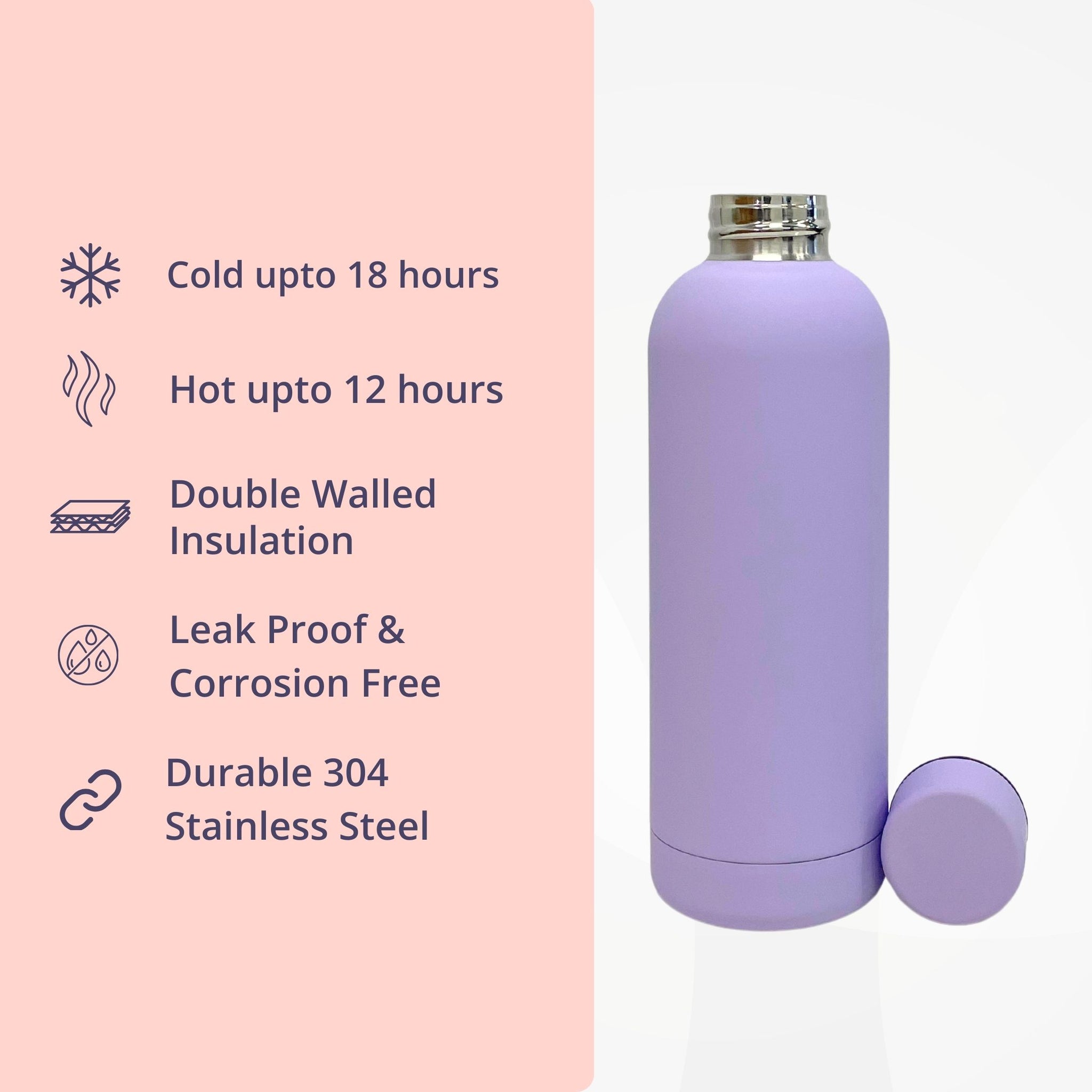 SuperGeneriX 17oz Matte Finish Stainless Steel Water Bottle | Vacuum Insulated Travel Bottle |12 hrs Hot & 18 hrs Cold| Smooth Rubber Finish Water Bottle (Black)