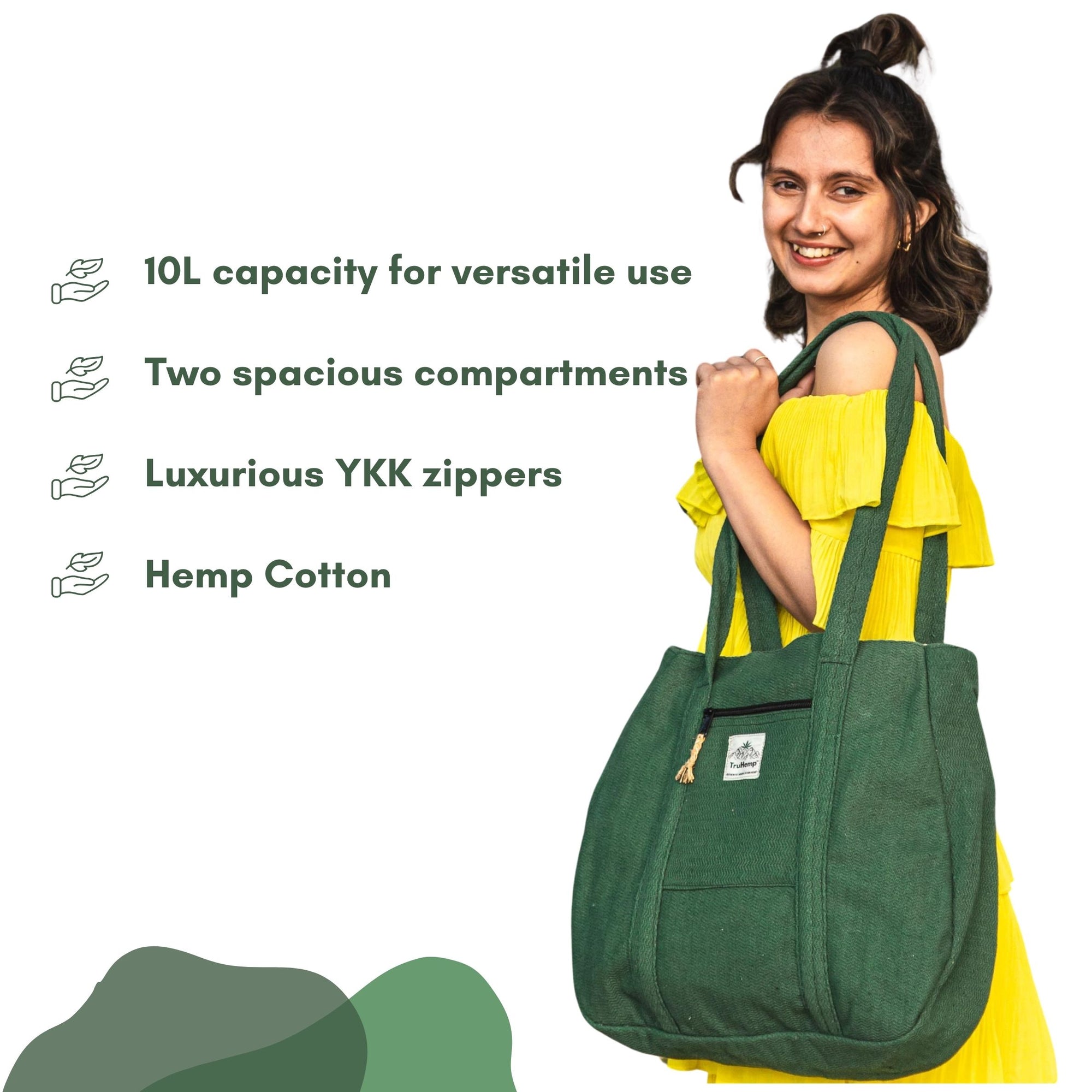 TruHemp Himalayan Hemp Tote Bag– Spacious Shopping Tote with Dual Zippered Compartments, Durable Market Bag with Cotton Lining, 10L Capacity