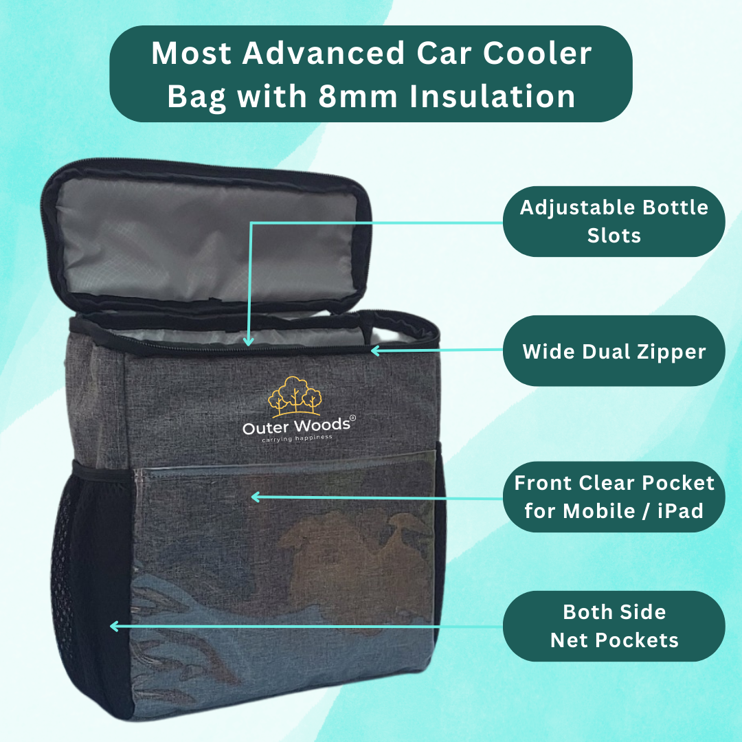 Outer Woods Car Cooler Bag with Adjustable Bottle Slots, Insulated Travel Bag for Cars and SUVs with Side Pockets and 6+ Hours Cooling