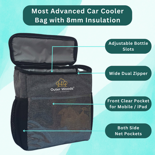 Outer Woods Car Cooler Bag with Adjustable Bottle Slots, Insulated Travel Bag for Cars and SUVs with Side Pockets and 6+ Hours Cooling