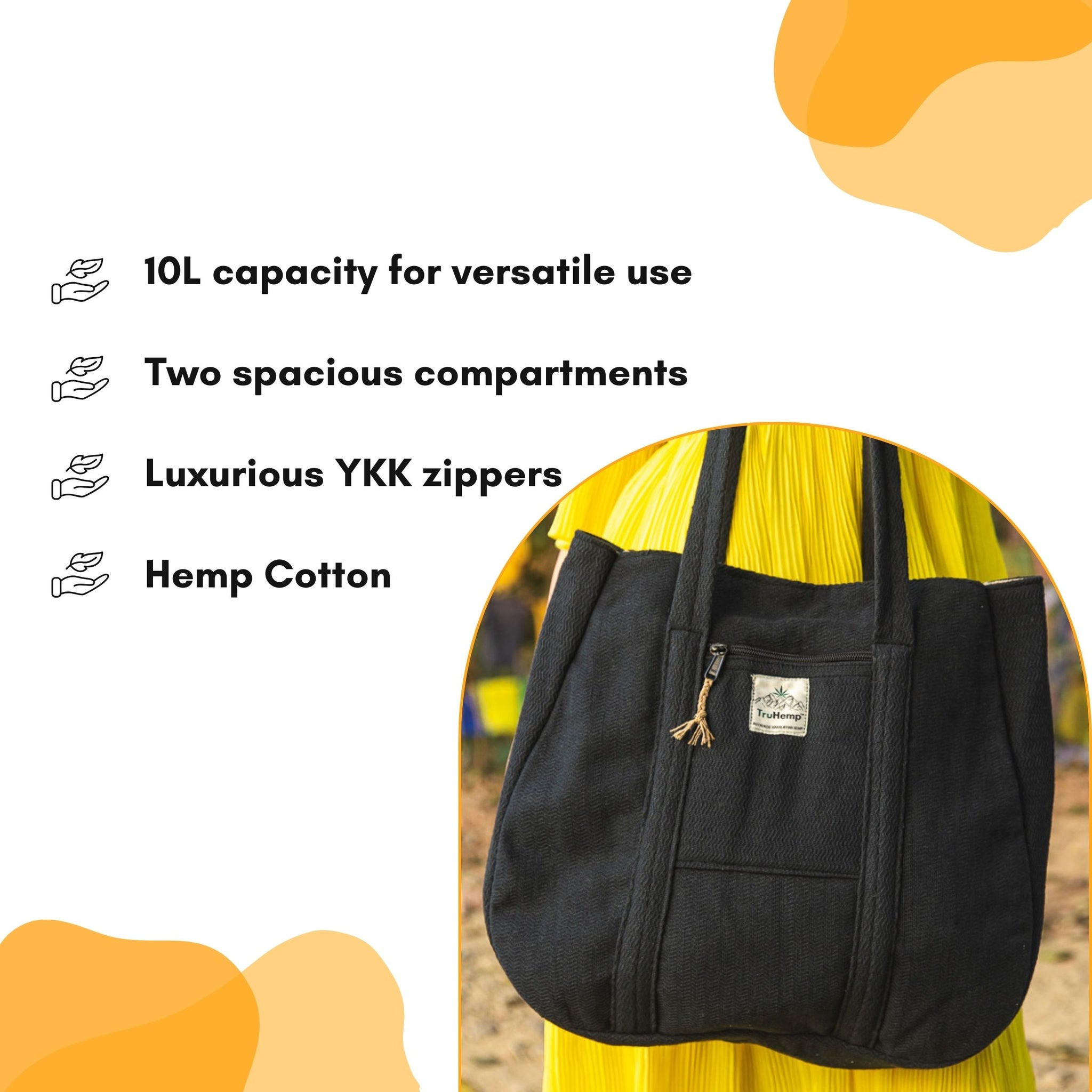 TruHemp Himalayan Hemp Tote Bag– Spacious Shopping Tote with Dual Zippered Compartments, Durable Market Bag with Cotton Lining, 10L Capacity