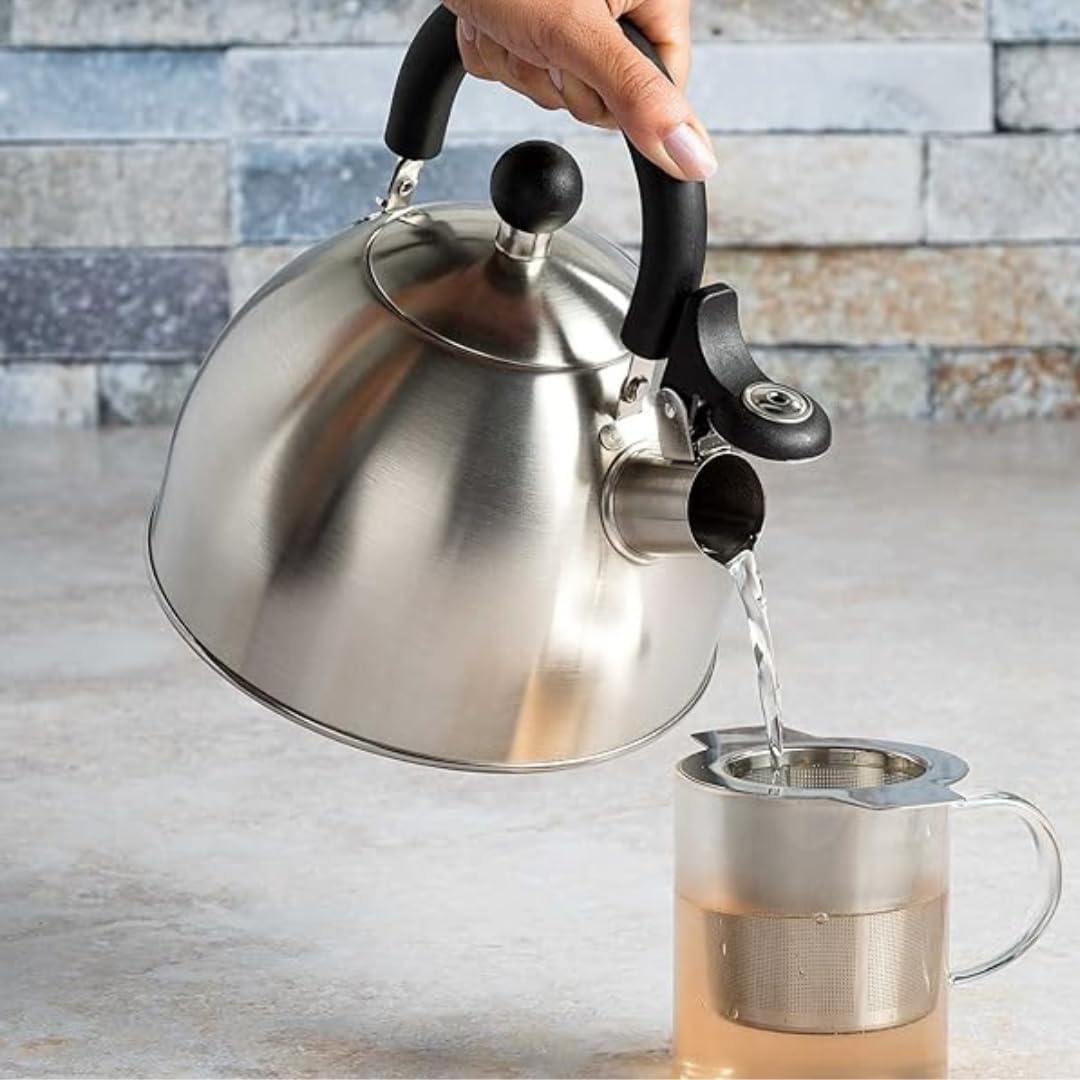 Stainless Steel Whistling Tea Kettle for Camping & Indoor Use | Fast Boiling Water Kettle with Heat-Resistant Ergonomic Handle | Stainless Steel Coffee Kettele | 2.1 Quart - Silver