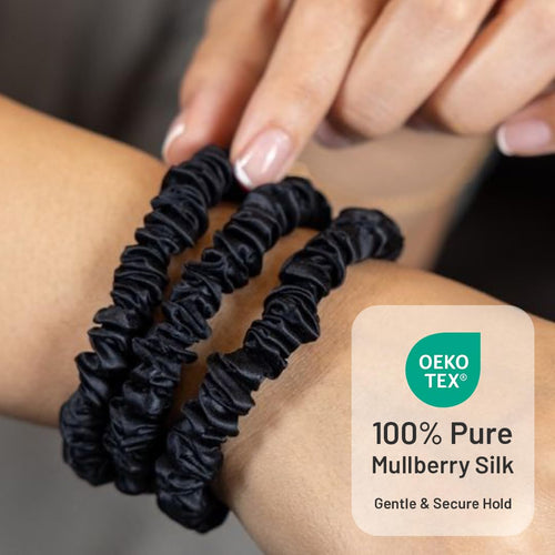 Mulberry Silk Scrunchies for Women - No Crease Hair Ties for Girls | Scrunchies For All Hair Types and Textures, Perfect for Day or Night - 5 Pcs, Black
