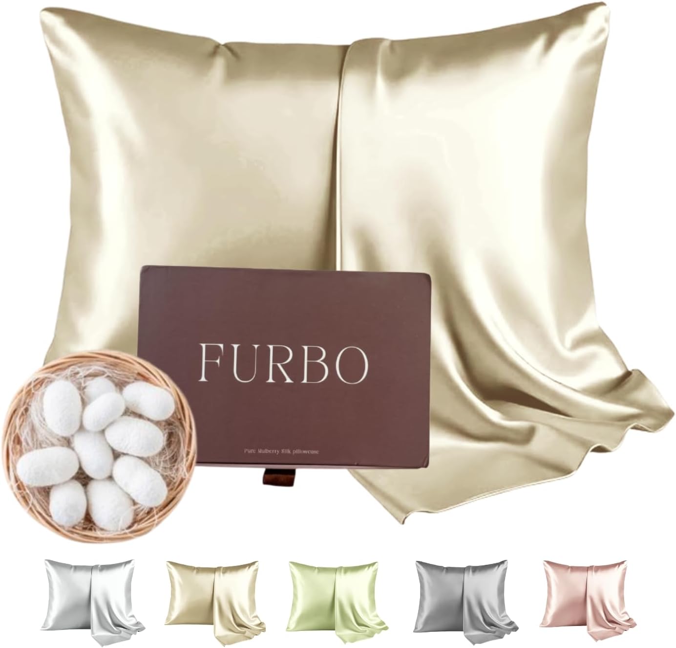 Furbo 100% Pure Mulberry Silk Pillowcase – 22 Momme Luxury Grade for Hair & Skin, Cooling & Anti-Frizz Fabric with Hidden Zipper (Standard Size 20″×26″)