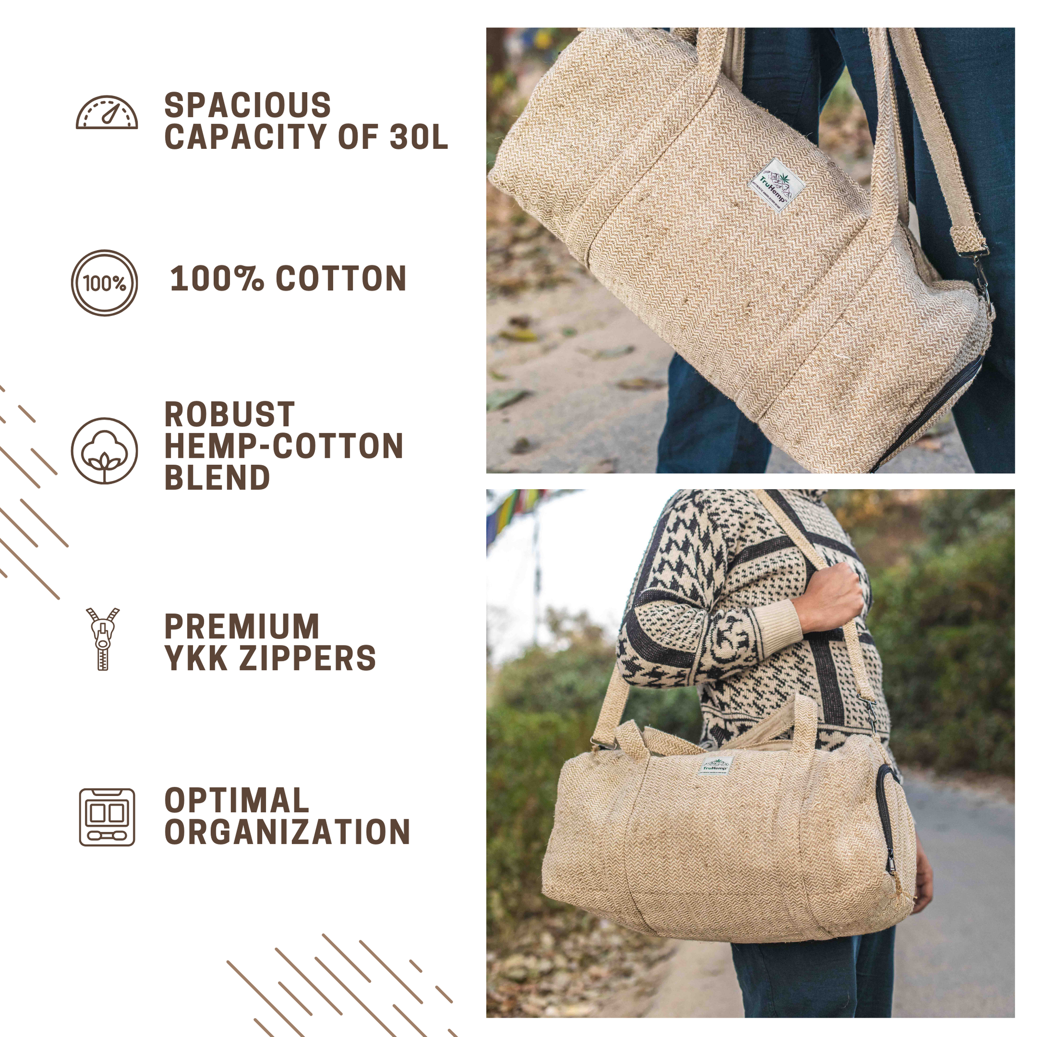 TruHemp Hemp Duffle Bag– Natural Travel Gym Bag with Shoe Compartment, Durable 30L Capacity with Dual YKK Zippered Sections