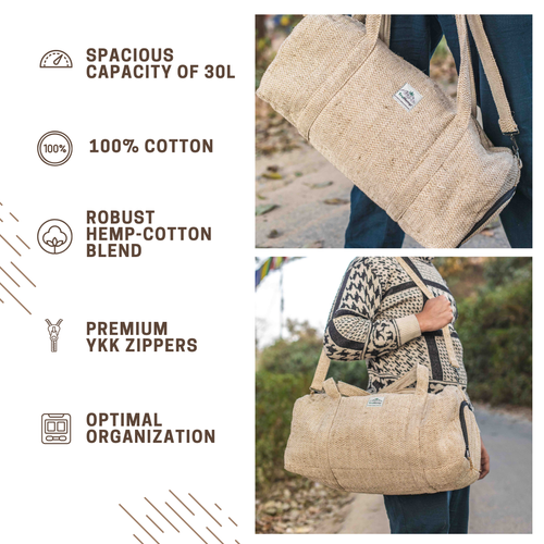 TruHemp Hemp Duffle Bag– Natural Travel Gym Bag with Shoe Compartment, Durable 30L Capacity with Dual YKK Zippered Sections