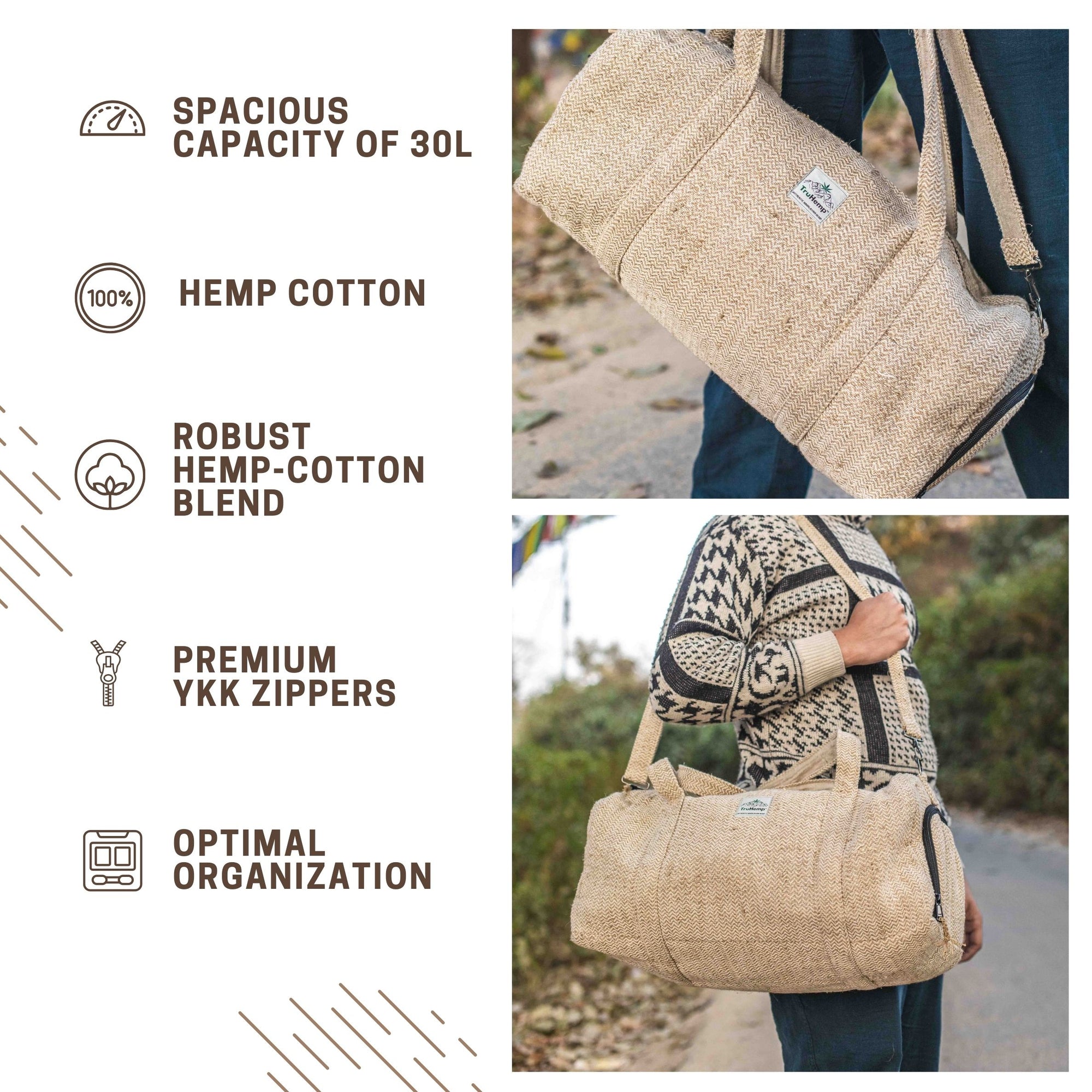 TruHemp Hemp Duffle Bag– Natural Travel Gym Bag with Shoe Compartment, Durable 30L Capacity with Dual YKK Zippered Sections
