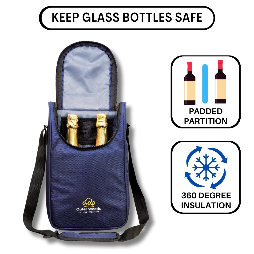 Outer Woods Nylon Insulated 2 Bottle Bag, 360° Insulation and Portable Padded Protection for Glass Bottles, Ideal for Carrying Wine, Beer, Whisky, Vodka, Soda, Juice, Milk and Water