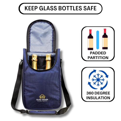 Outer Woods Nylon Insulated 2 Bottle Bag, 360° Insulation and Portable Padded Protection for Glass Bottles, Ideal for Carrying Wine, Beer, Whisky, Vodka, Soda, Juice, Milk and Water