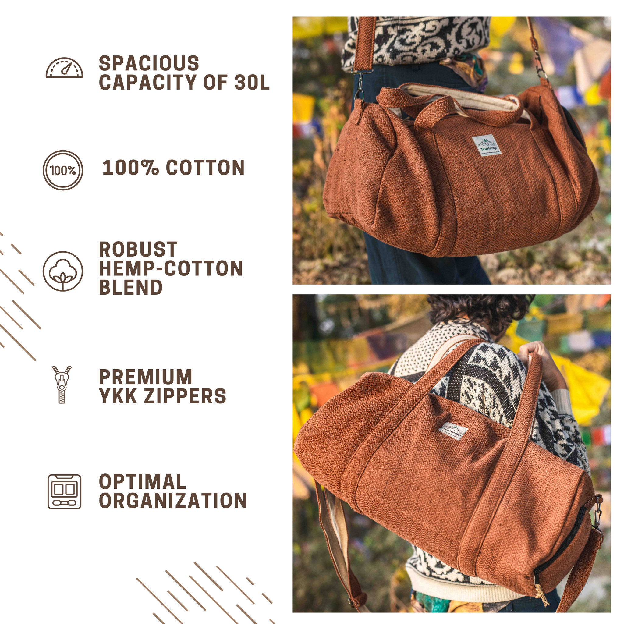 TruHemp Hemp Duffle Bag– Natural Travel Gym Bag with Shoe Compartment, Durable 30L Capacity with Dual YKK Zippered Sections