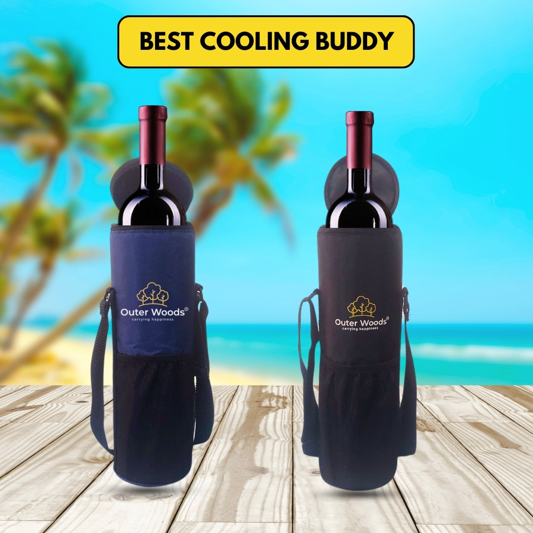 Outer Woods Insulated Cooler Bag for 1 Bottle with Adjustable Strap, Compact Wine Bottle Carrier for Travel & Outdoor, 6+ Hours Cooling, Beverage Cooler Bag