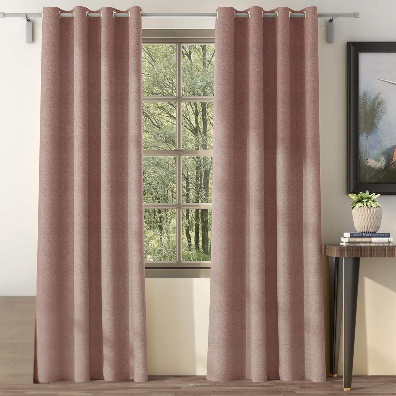 Casableu Herringbone Blackout Curtains for Bedroom & Living Room - 120 Inch Medium Pink Color 2 Panel Set, Thermal Insulated to Reduce Heat Loss, Block Light, Save Energy, Noise Reducing Drapes