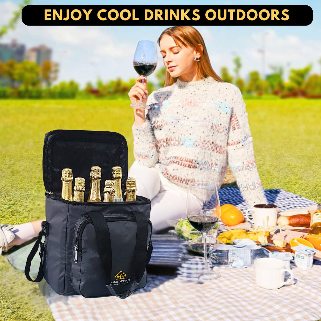 Outer Woods Insulated 6 Bottle Cooler Bag, with 6 Units of Ice Gel Packs, Wine Cooler Bag, Beer Cooler Bag, Insulated Bag, Fits 6 Full Size Bottles