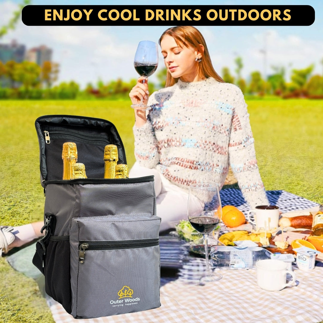 Outer Woods Insulated 4 Bottle Cooler Bag | 6+ Hours Cooling | Beverage Cooler Bag | 4 Units of Ice Gel Packs Included