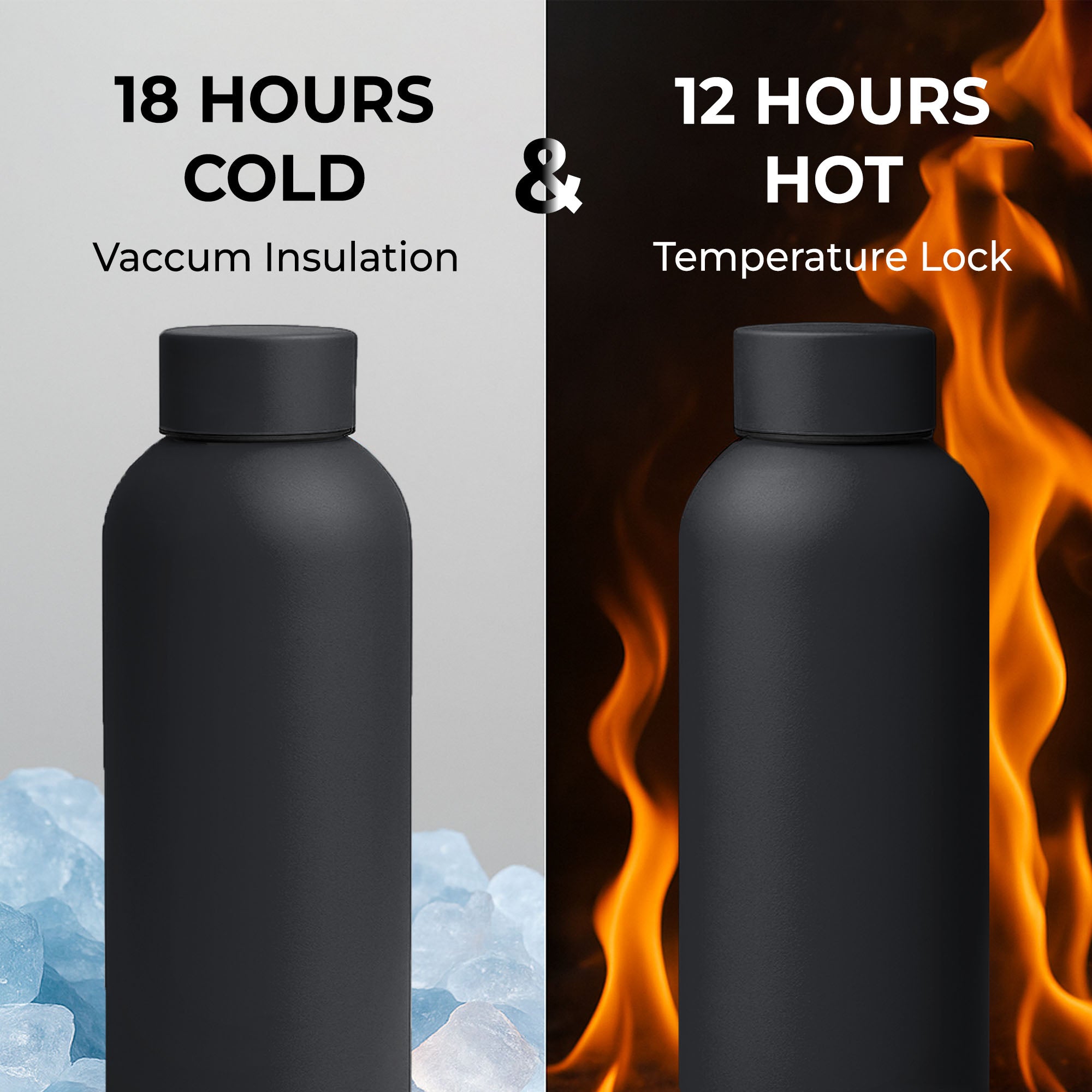 SuperGeneriX 17oz Matte Finish Stainless Steel Water Bottle | Vacuum Insulated Travel Bottle |12 hrs Hot & 18 hrs Cold| Smooth Rubber Finish Water Bottle (Black)