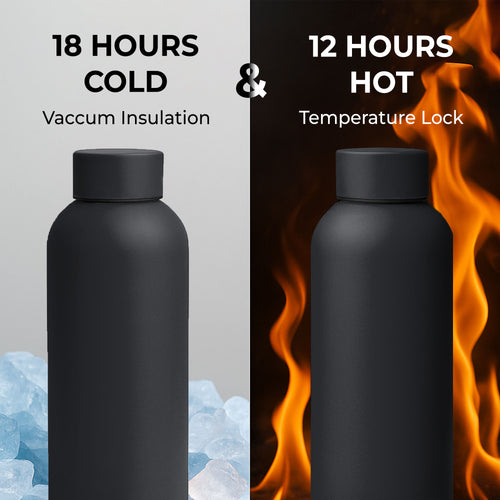 SuperGeneriX 17oz Matte Finish Stainless Steel Water Bottle | Vacuum Insulated Travel Bottle |12 hrs Hot & 18 hrs Cold| Smooth Rubber Finish Water Bottle (Black)