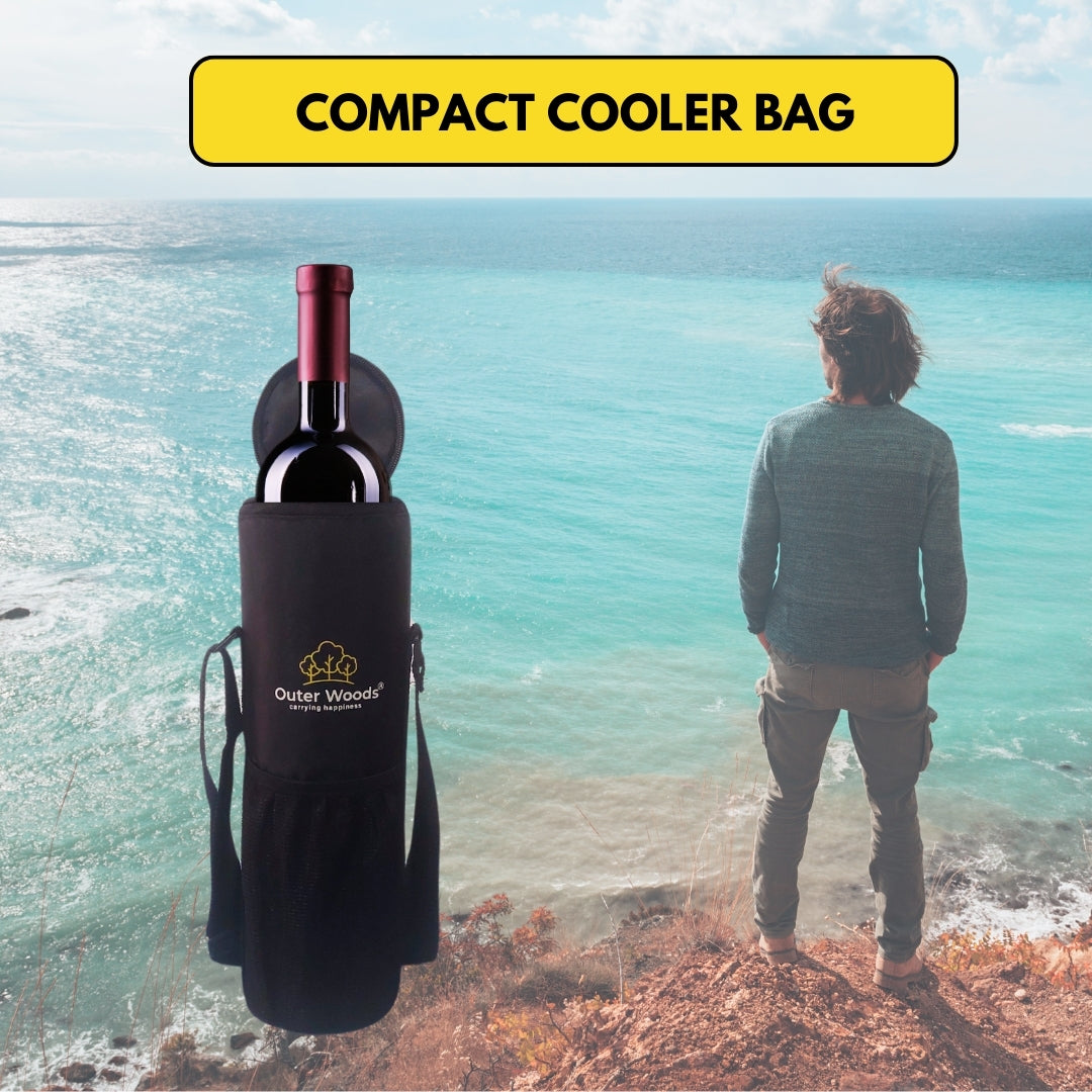 Outer Woods Insulated Cooler Bag for 1 Bottle with Adjustable Strap, Compact Wine Bottle Carrier for Travel & Outdoor, 6+ Hours Cooling, Beverage Cooler Bag