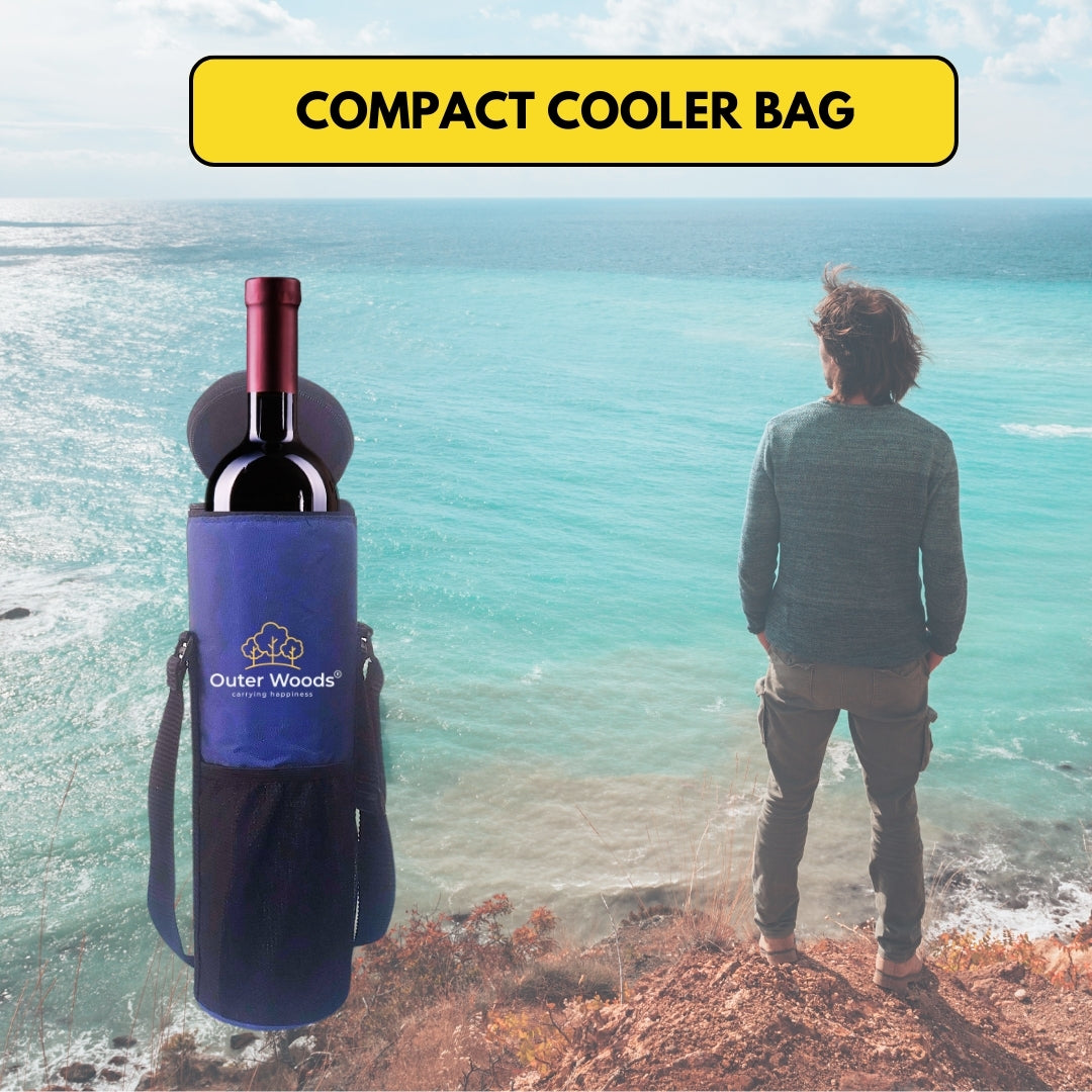 Outer Woods Insulated Cooler Bag for 1 Bottle with Adjustable Strap, Compact Wine Bottle Carrier for Travel & Outdoor, 6+ Hours Cooling, Beverage Cooler Bag