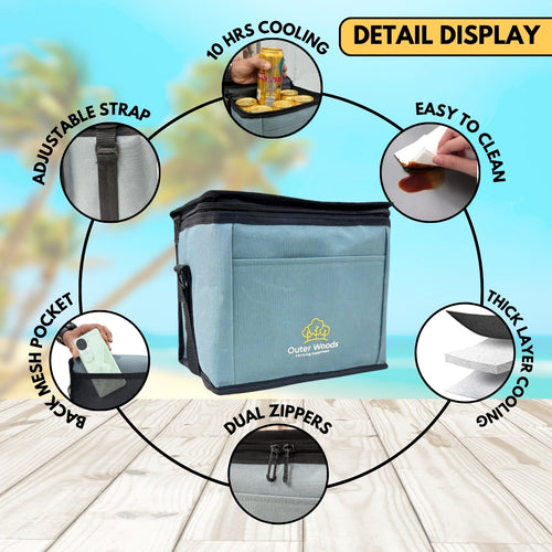 Outer Woods Insulated 6 Can Cooler Bag, Fits 6 x 500ml Beer Cans, Keep Cans Cool for up to 10 Hrs, with 2 Units of Ice Gel Packs