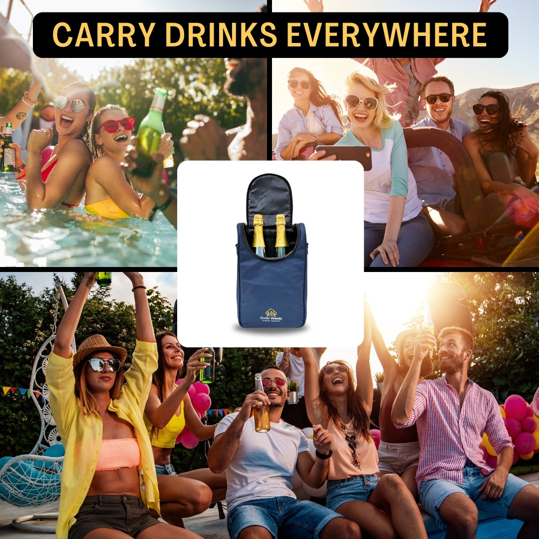 Outer Woods Nylon Insulated 2 Bottle Bag, 360° Insulation and Portable Padded Protection for Glass Bottles, Ideal for Carrying Wine, Beer, Whisky, Vodka, Soda, Juice, Milk and Water