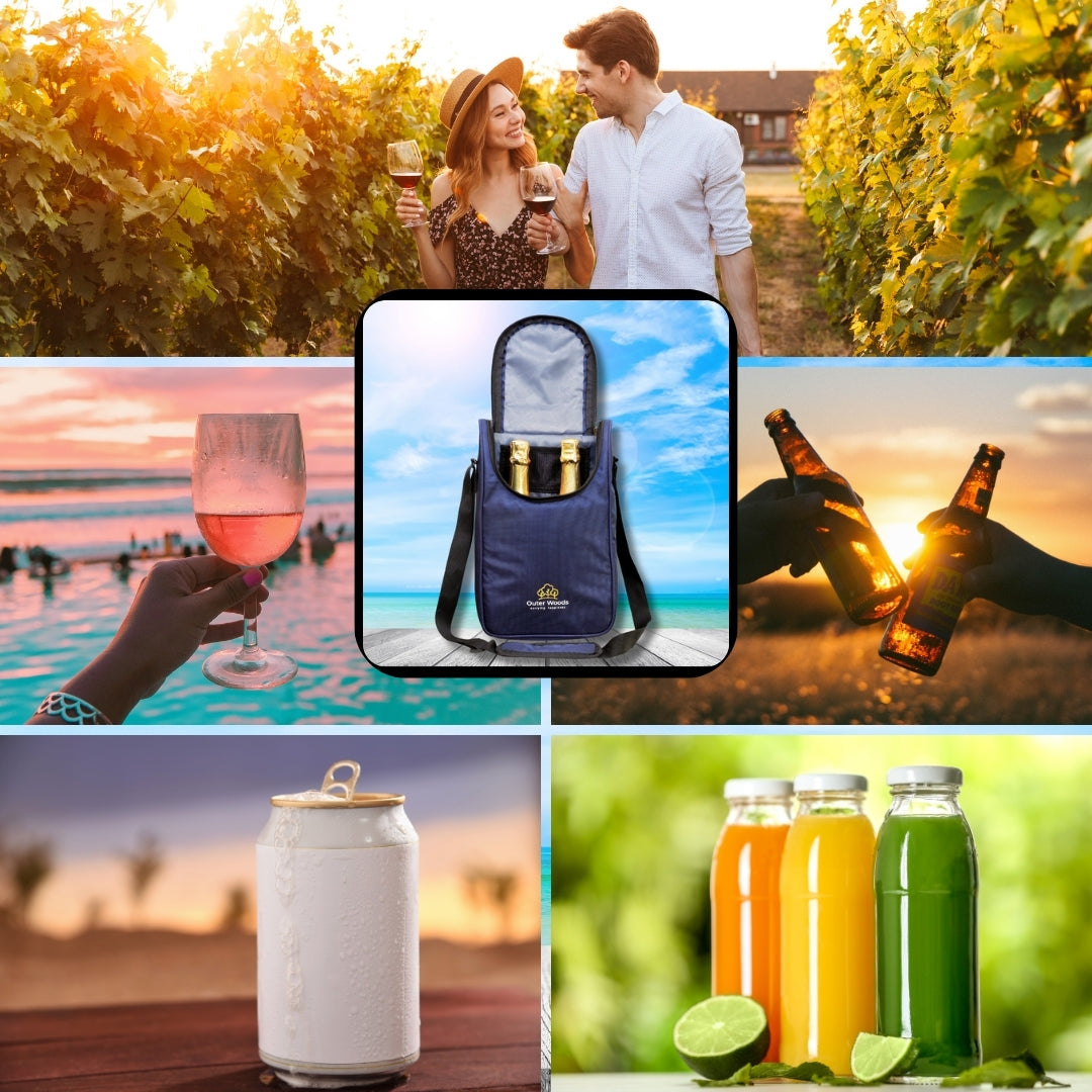 Outer Woods Nylon Insulated 2 Bottle Bag, 360° Insulation and Portable Padded Protection for Glass Bottles, Ideal for Carrying Wine, Beer, Whisky, Vodka, Soda, Juice, Milk and Water