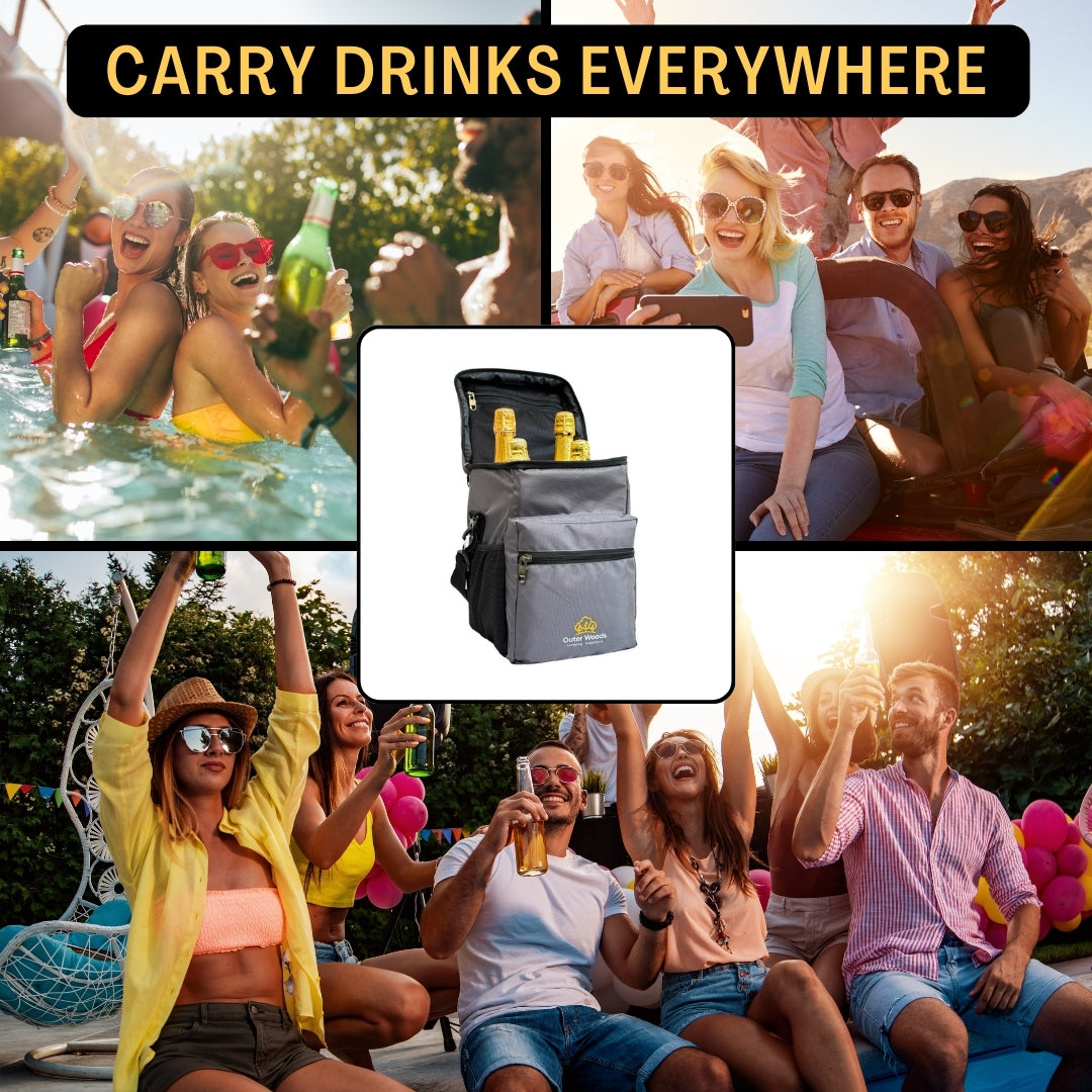Outer Woods Insulated 4 Bottle Cooler Bag | 6+ Hours Cooling | Beverage Cooler Bag | 4 Units of Ice Gel Packs Included
