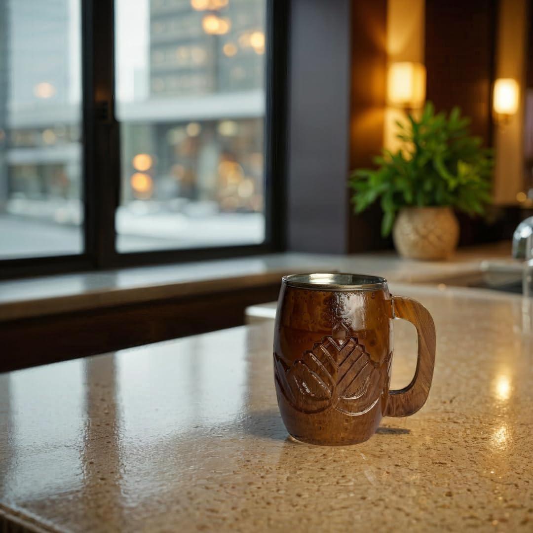 SuperGeneriX Wooden Steel Mug with Stripe Design | Wooden Steel Mug | Insulated Mug | Travel Mug | Coffee & Tea Mug | Le