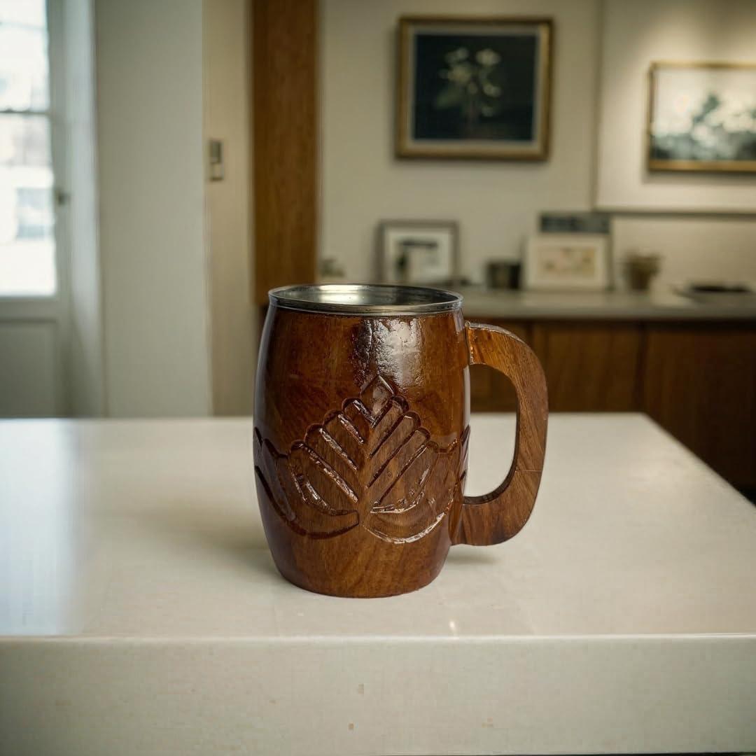 SuperGeneriX Wooden Steel Mug with Stripe Design | Wooden Steel Mug | Insulated Mug | Travel Mug | Coffee & Tea Mug | Le