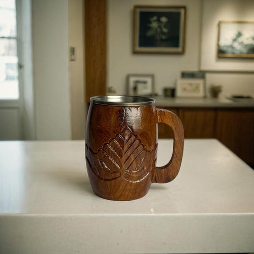 SuperGeneriX Wooden Steel Mug with Stripe Design | Wooden Steel Mug | Insulated Mug | Travel Mug | Coffee & Tea Mug | Leak-Proof Mug | Unique Design (Flower Design)