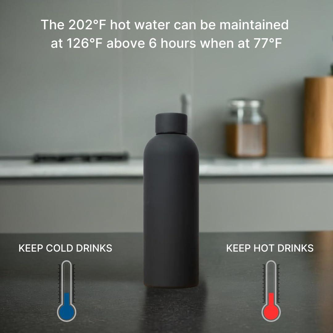 SuperGeneriX 17oz Matte Finish Stainless Steel Water Bottle | Vacuum Insulated Travel Bottle |12 hrs Hot & 18 hrs Cold| Smooth Rubber Finish Water Bottle (Black)