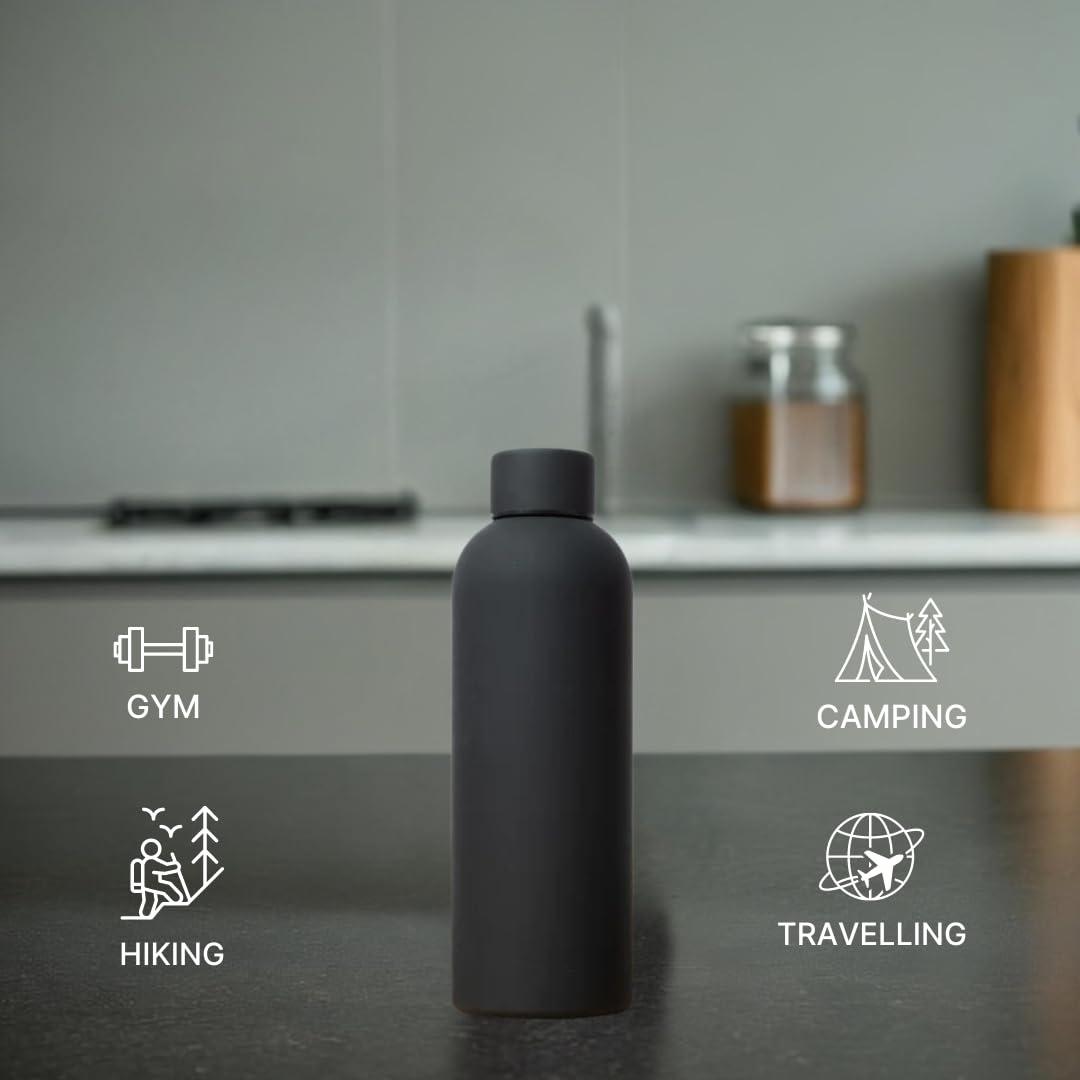 SuperGeneriX 17oz Matte Finish Stainless Steel Water Bottle | Vacuum Insulated Travel Bottle |12 hrs Hot & 18 hrs Cold| Smooth Rubber Finish Water Bottle (Black)