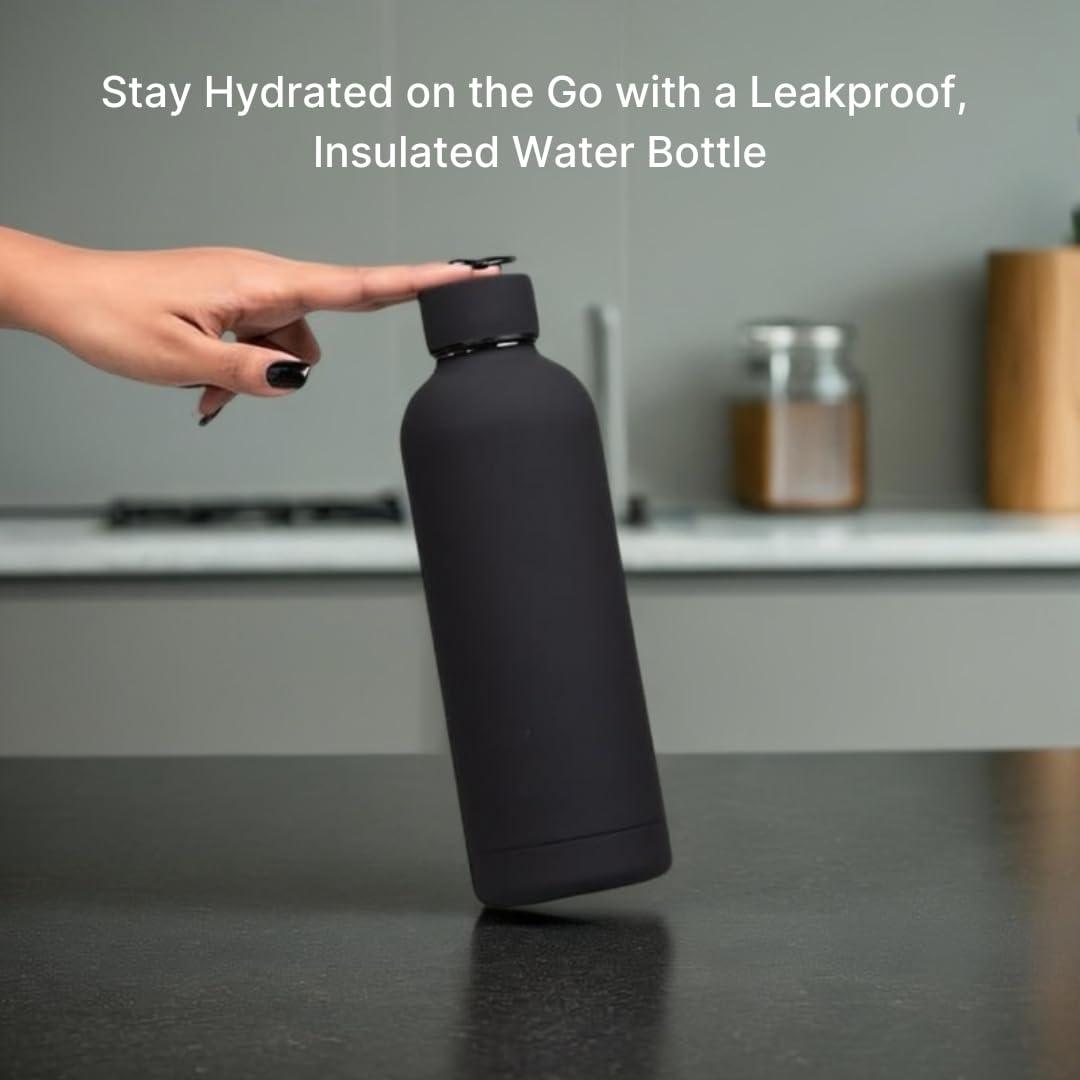 SuperGeneriX 17oz Matte Finish Stainless Steel Water Bottle | Vacuum Insulated Travel Bottle |12 hrs Hot & 18 hrs Cold| Smooth Rubber Finish Water Bottle (Black)