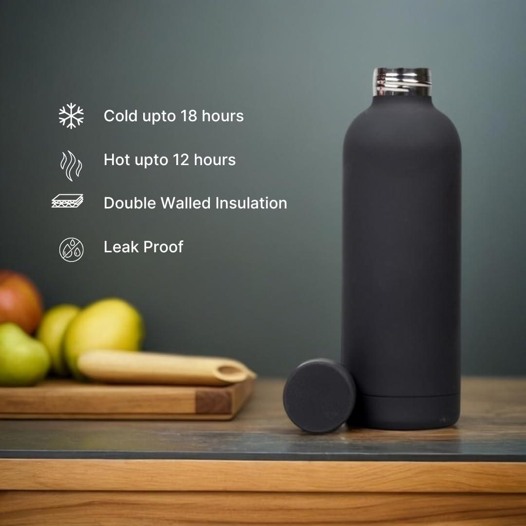 SuperGeneriX 17oz Matte Finish Stainless Steel Water Bottle | Vacuum Insulated Travel Bottle |12 hrs Hot & 18 hrs Cold| Smooth Rubber Finish Water Bottle (Black)