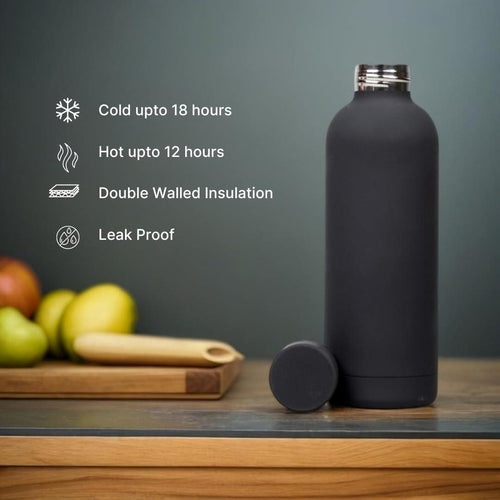 SuperGeneriX 17oz Matte Finish Stainless Steel Water Bottle | Vacuum Insulated Travel Bottle |12 hrs Hot & 18 hrs Cold| Smooth Rubber Finish Water Bottle (Black)